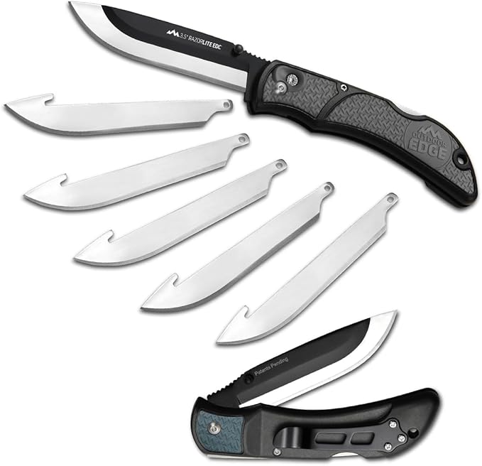 OUTDOOR EDGE 3.5 RazorLite EDC Knife. Pocket Knife with Replaceable Blades and Clip. Perfect For Hunting and Skinning Deer. Gray with 6 Blades