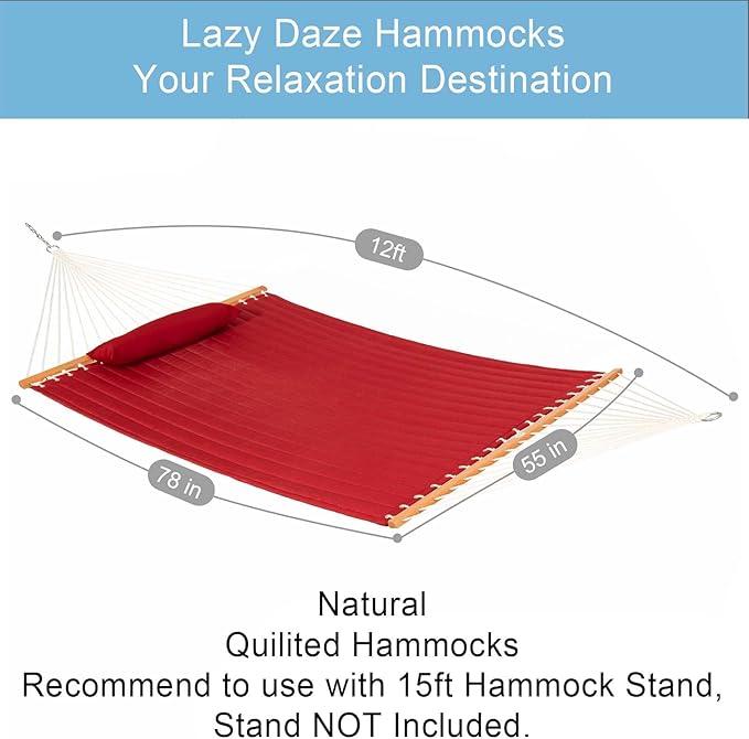 Lazy Daze Hammocks 12 FT Double Quilted Fabric Hammock with Spreader Bar and Detachable Pillow 2 Person Hammock 450lbs Weight Capacity Burgundy