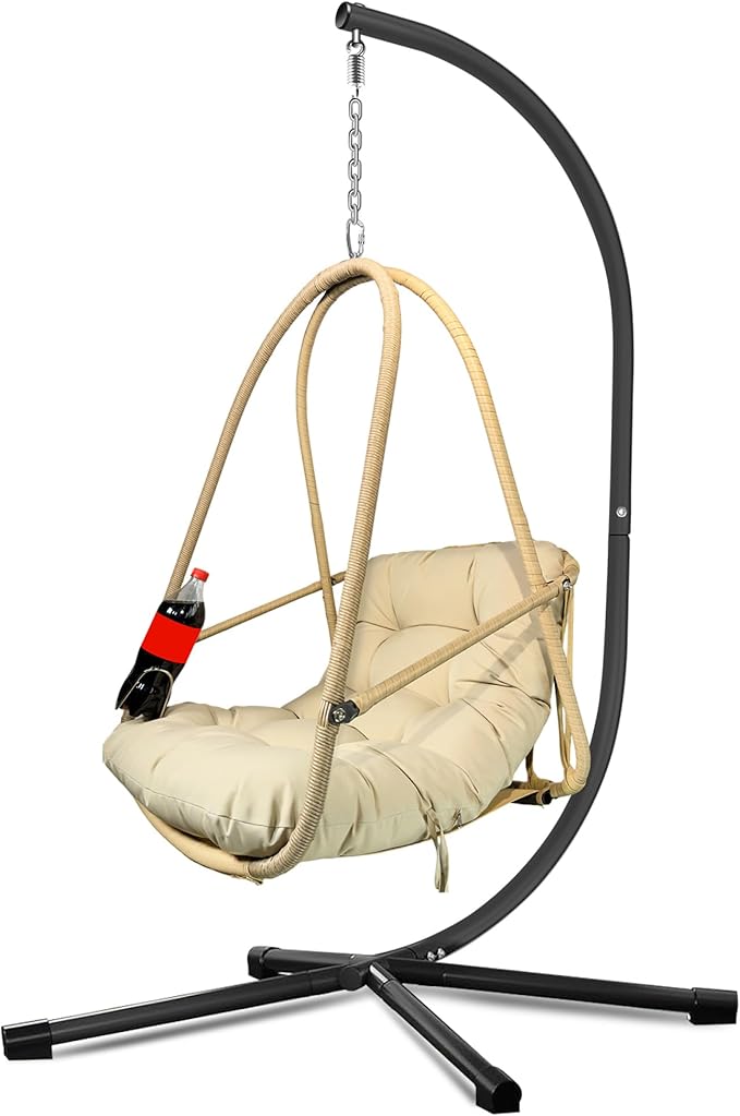 Foldable Rattan Egg Hanging Chair with Stand for Indoor and Outdoor Relaxation Featuring Removable Safety Rail and Convenient Cup Holder with Included Comfort Cushions