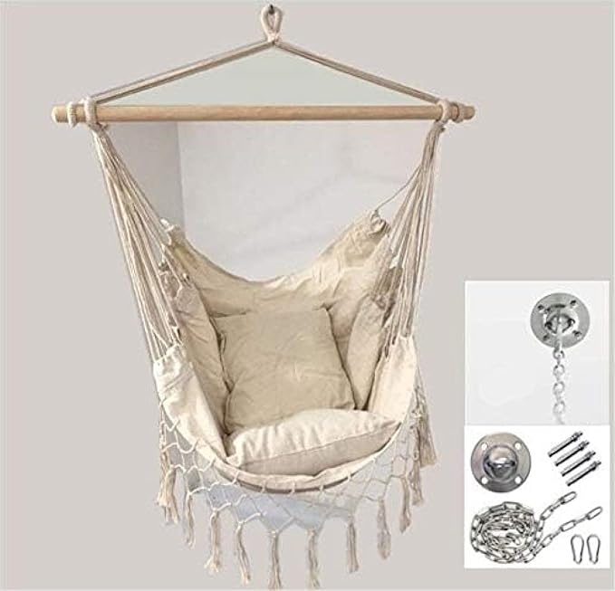Hammock Chair Hanging Rope Swing Seat for Indoor Outdoor Deluxe Cushion for Macrame Swinging Chairs &amp Hanging Kit for Home Bedroom Patio Porch