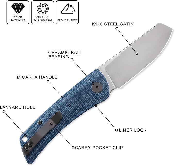 Petrified fish PFE05 Flavorist3.15 K110 Satin Blade 94g Micarta Handle Front Flipper Liner lock Folding knife (Blue)