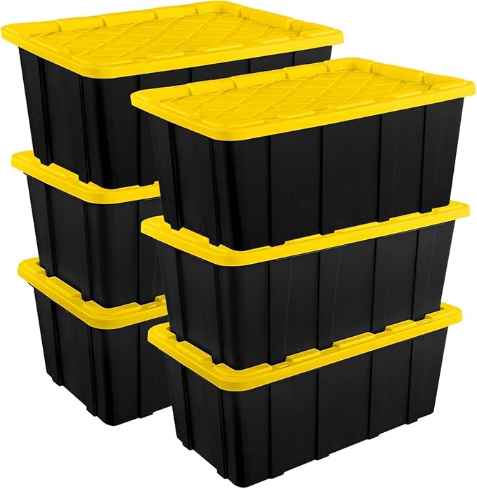 G 63 Star Lite 27 Gallon Industrial Storage Tote with Snap-Fit Lid Black Base with Yellow Lid Stackable Heavy-Duty Plastic Bins 6-Pack