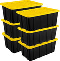 G 63 Star Lite 27 Gallon Industrial Storage Tote with Snap-Fit Lid Black Base with Yellow Lid Stackable Heavy-Duty Plastic Bins 6-Pack