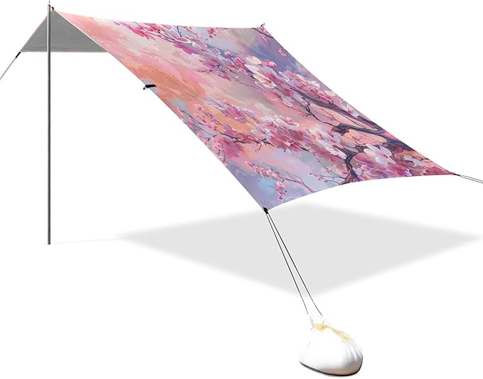 ALAZA Pink Cherry Blossoms Painting Beach Tent Sun Shelter UPF50+ Protection Beach Shade Canopy w/ 4 Sandbags for Outdoor Camping Fishing Backyard Fun Picnic 10x9 ft