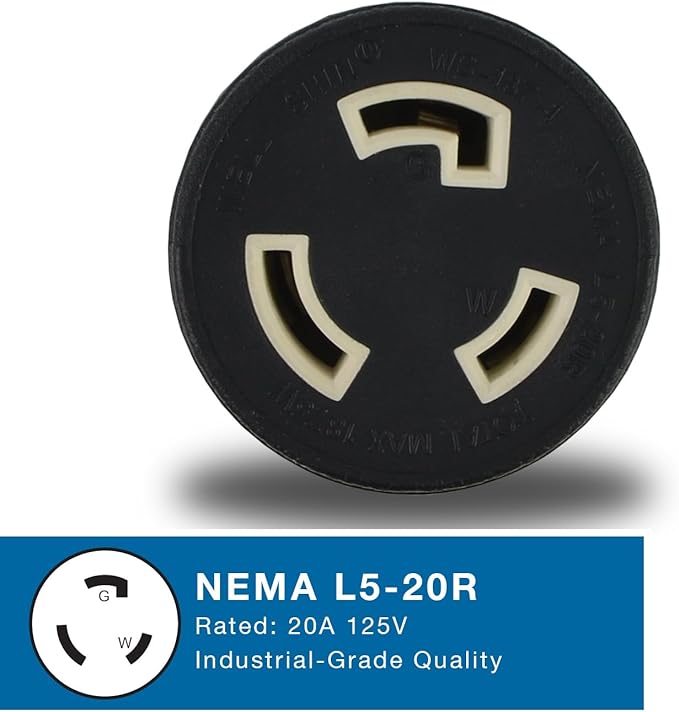 Conntek NEMA 5-15P to NEMA L5-20R Locking Plug Adapter 15 Amp to 20 Amp Plug Adapter