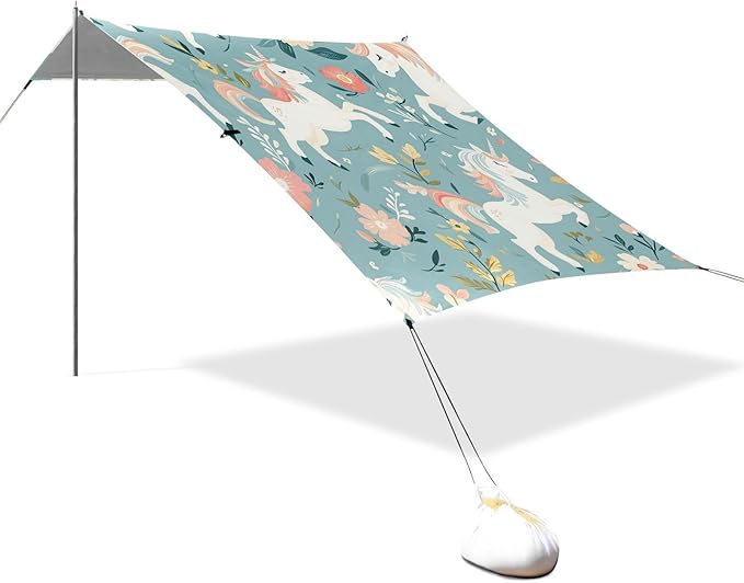 ALAZA Flower Unicorn Pattern Beach Tent Sun Shelter Portable Canopy Sunshade for Outdoor Camping Picnics Backyard Fun 10x9 ft