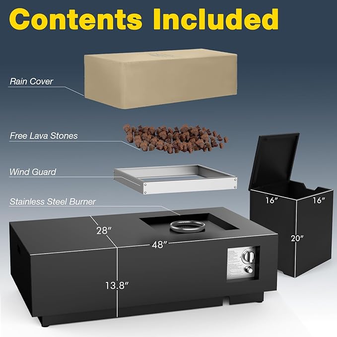 48 Modern Steel Fire Pit Table Set – Low-Profile Propane Gas Fire Table with Tank Cover 50000 BTU for Contemporary Patios &amp Decks