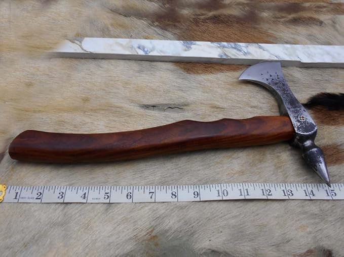 Damascus Depot Voyager Axe 15 Inches Long High Carbon Steel with Axe Head wit Walnut Wood Round Handle Bearded Hiking Battle Axe Thick Cow Hide Leather Sheath