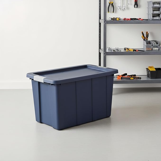 30 Gallon Heavy-Duty Storage Tote with Locking Lid | Rugged Plastic Storage Bin for Garage Basement &amp Attic Organization | Extra-Large 30 Gal Capacity Stackable Design - Dark Blue