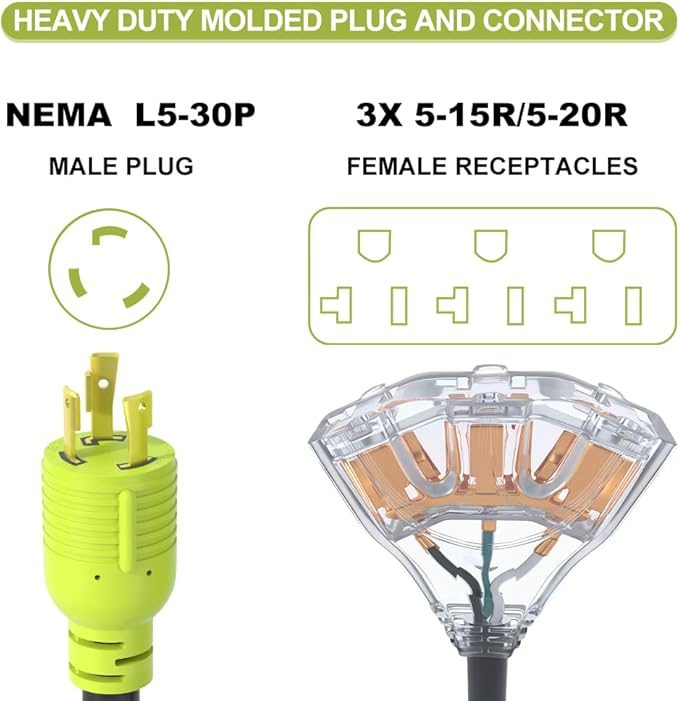 RV 30 Amp to 110 Adapter Generator Power Cord 3 Prong 30 Amp Adapter Plug to 20 Amp Twist Lock SocketNAMA L5-30P Male Plug to 3X 5-20R T-Blade Female10 AWG STW (1.5FT)