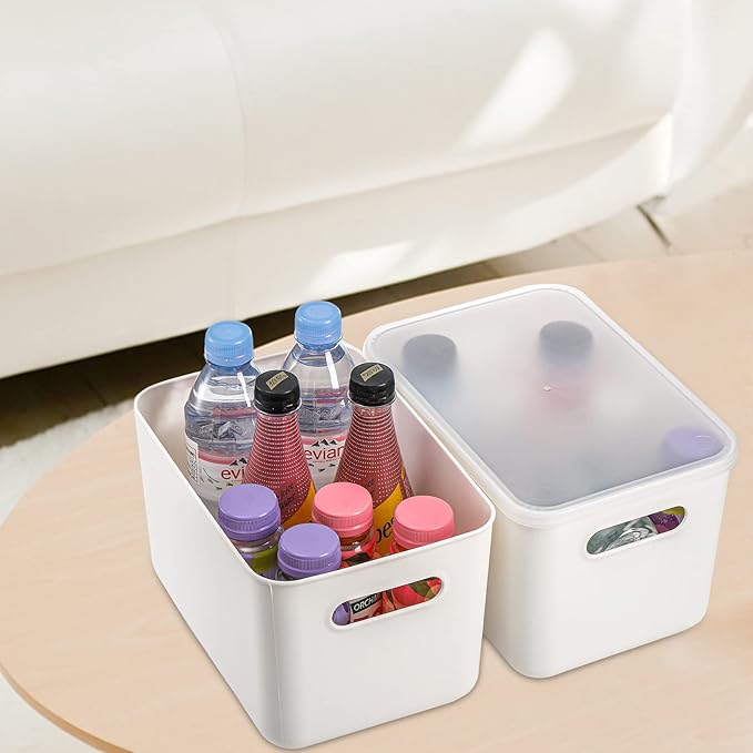 Lawei 4 Pack Plastic Storage Bins with Lid White Stackable Storage Basket Organizer Box Sturdy Containers Organizing Lidded Bins for Shelves Cabinet Desk Pantry Bedroom Book Toys