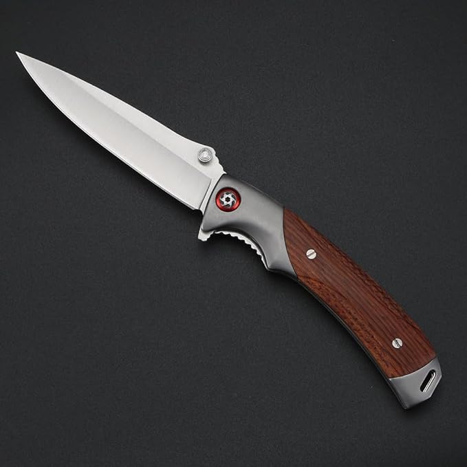 Tactical Folding Knife 4in Stainless Steel Mirror Blade Rosewood Handle EDC Knife with Safety Liner-Lock Hand-blocking Design