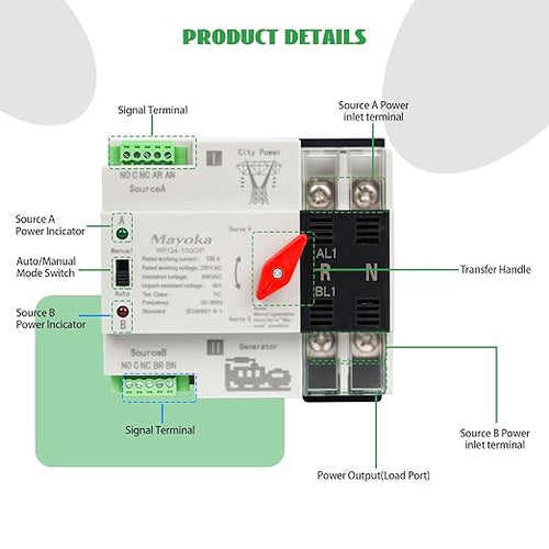100A Automatic Transfer Switch for Home Generator - AC 220V 2 Pole ATS with CB Dual Power Changeover Transfer Switch with Metal Inlet Box for Indoor (100A-2P)