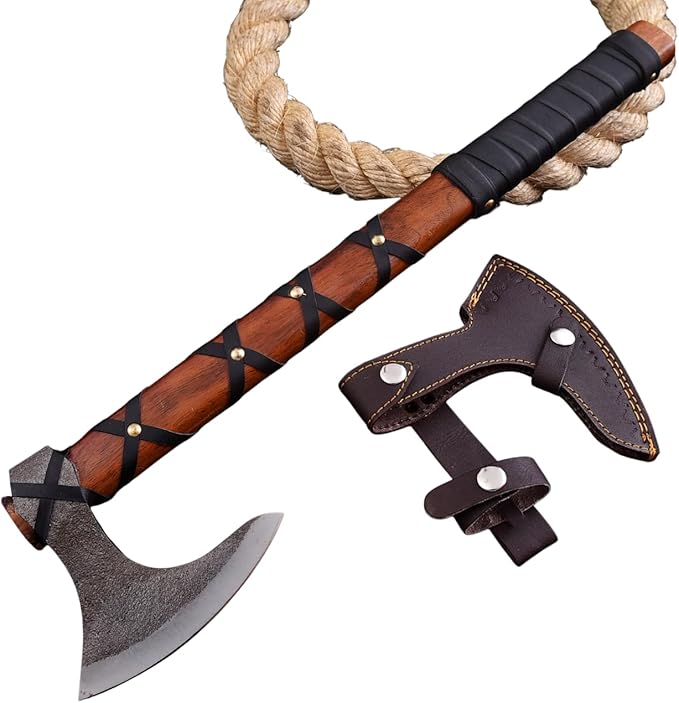 Viking Axe Ragnar Lothbrok – Hand Forged Bearded Axe with Rosewood Handle High Carbon Steel Norse Tomahawk Sharp Camping &amp Hunting Hatchet Viking Axe with Leather Sheath for him
