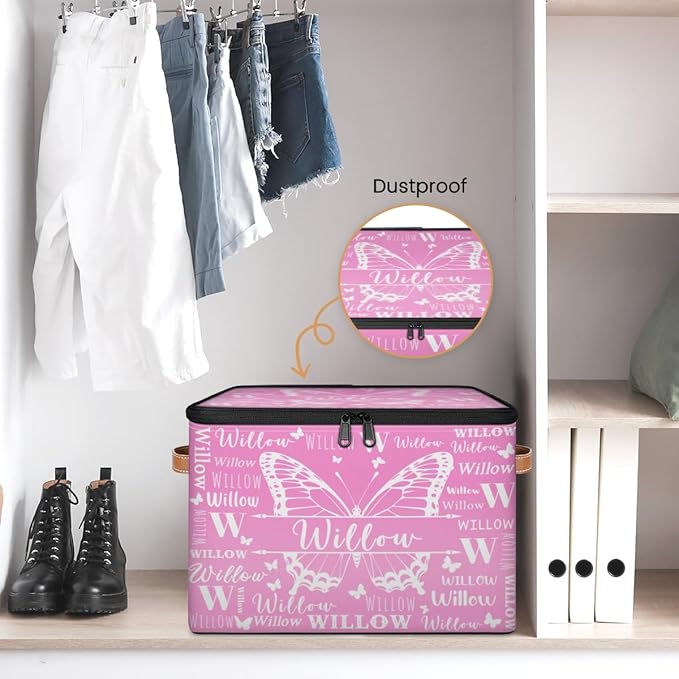 Custom Storage-Box With Name Personalized Butterfly Keepsake Basket with Zipper Lid for Kids Memory Bin Foldable Fabric Large Capacity Containers with Handle