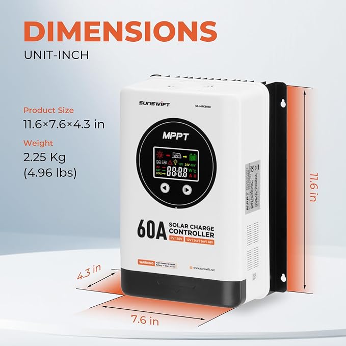 60A MPPT Solar Charge Controller with LCD Display 12V/24V/36V/48V Maximum 150V Input Charge Controllers for Solar Panels Gel AGM FLD and Lithium Battery2-Pack