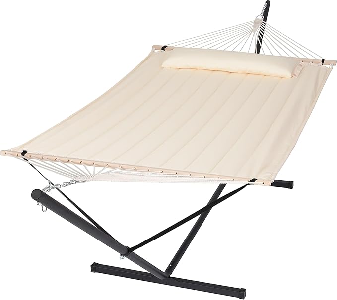 SUNCREAT Hammocks Extra Large Double Hammock with 12 ft Stand 475lbs Capacity Outdoor Portable Hammock with Hardwood Spreader Bar Extra Large Pillow Beige