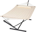 SUNCREAT Hammocks Extra Large Double Hammock with 12 ft Stand 475lbs Capacity Outdoor Portable Hammock with Hardwood Spreader Bar Extra Large Pillow Beige