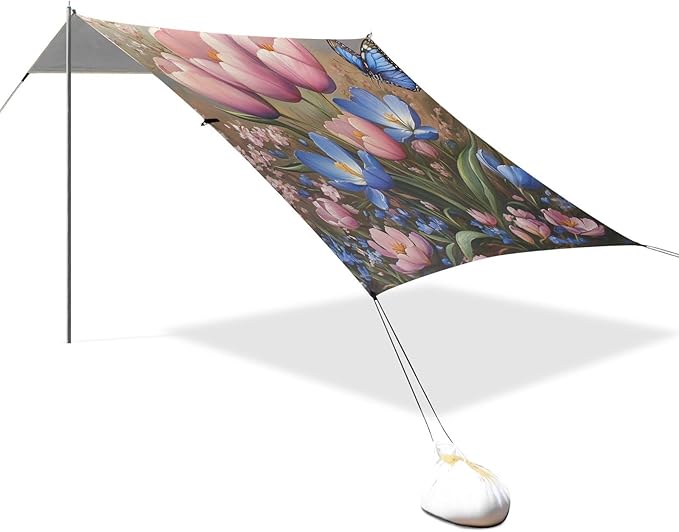 ALAZA Pink Tulip Flowers Blue Butterflies Beach Tent Sun Shelter Portable Canopy Sunshade for Outdoor Camping Picnics Backyard Fun 10x9 ft