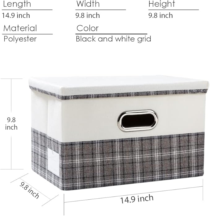 PRANDOM Collapsible Storage Bin with Lid [3-Pack] Fabric Foldable Storage Box Organizer Container Basket Cube with Cover for Home Bedroom Closet Office Nursery Gray plaid &amp Cream(14.9x9.8x9.8)