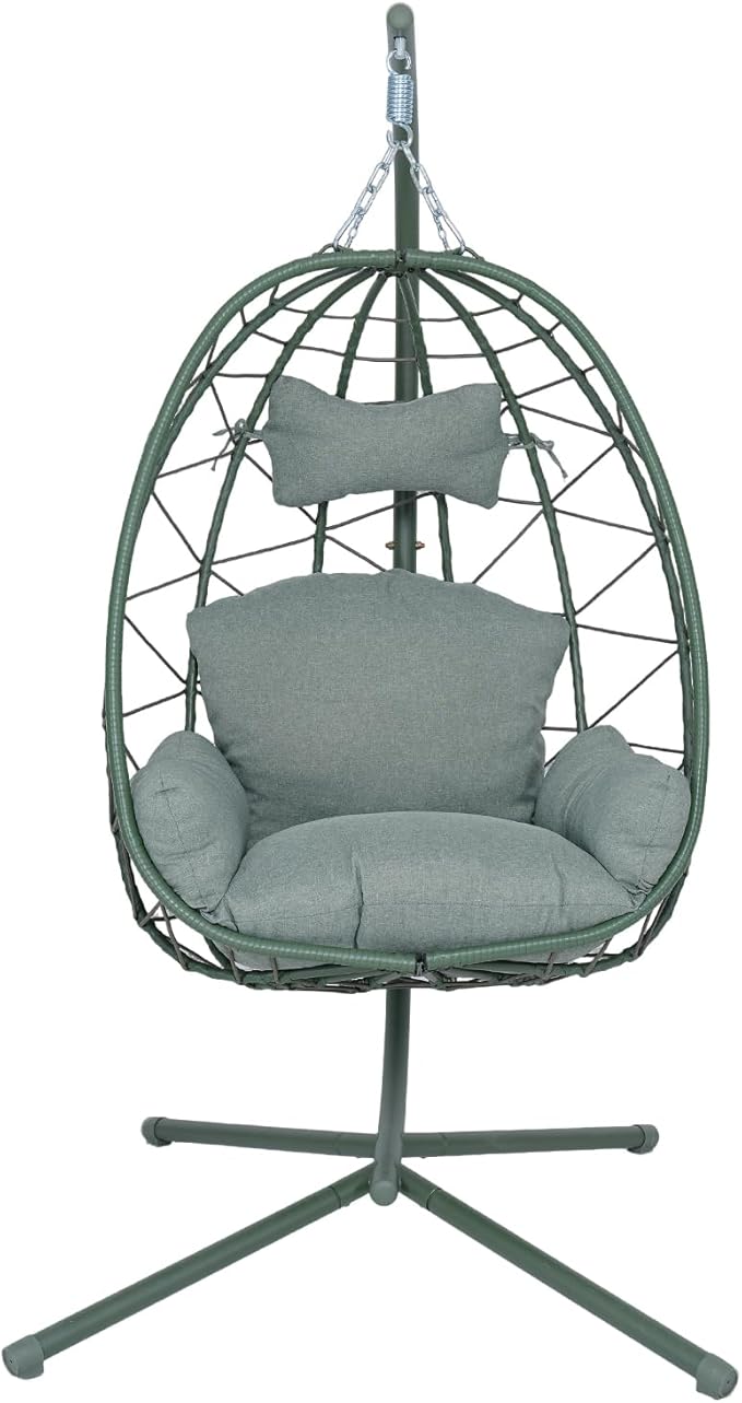 Hanging Egg Chair with Stand Outdoor Indoor Patio Rattan Swing Hammock Chairs with Washable Cushion PE Wicker Swing Chair for Backyard Bedroom Garden (Dark Green + Dark Green Cushion No Footrest)