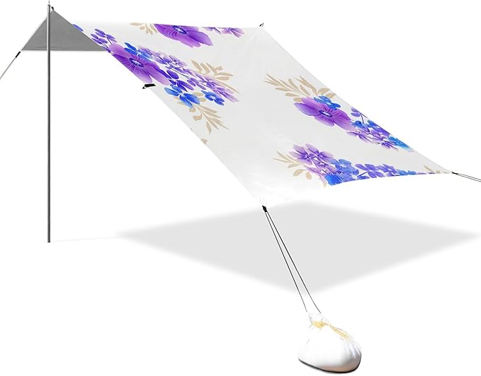 Beach Canopy with Windproof Ropes &amp Sandbags Beach Tent Sun Shade Sun Shelter for Camping Trips Fishing Backyard Fun or Picnics Purple Flowers