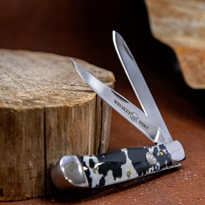 WHISKEY BENT HAT CO. Traditional Trapper Folding Pocket Knife 4.125 Closed Length 440C Stainless Steel Blades (Black Hide)