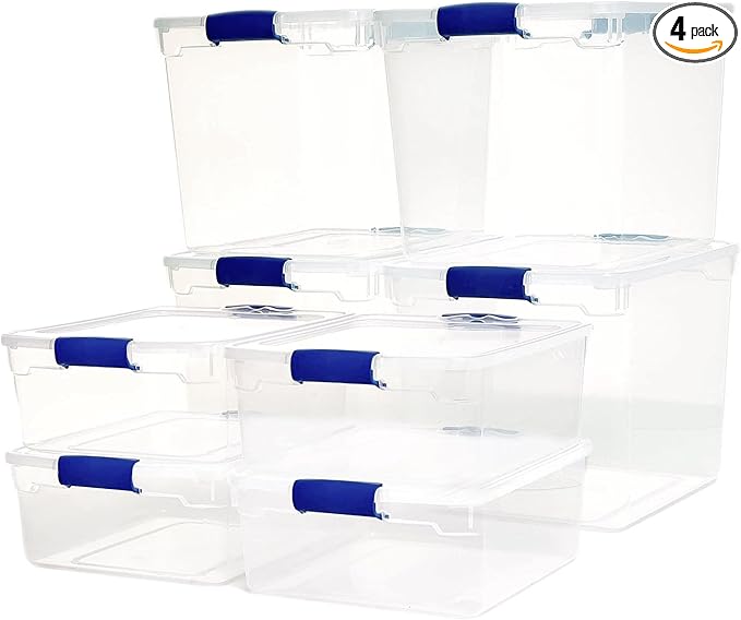 HOMZ Secure Latch Clear Plastic Storage Organizer Bins 31 Quart (4-Pack) &amp 15.5 Quart (4-Pack) Blue Latches - Stackable Organizing Containers for Home Garage and Office