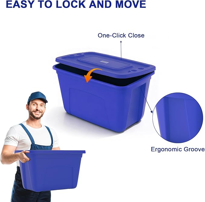 Storage Bins with Lids - Made in USA 18-Gallon (72-Quart) 4-Pack Storage Totes with Lids Plastic Stackable Containers Large Storage Boxes for Home and Office Organization Blue/Blue