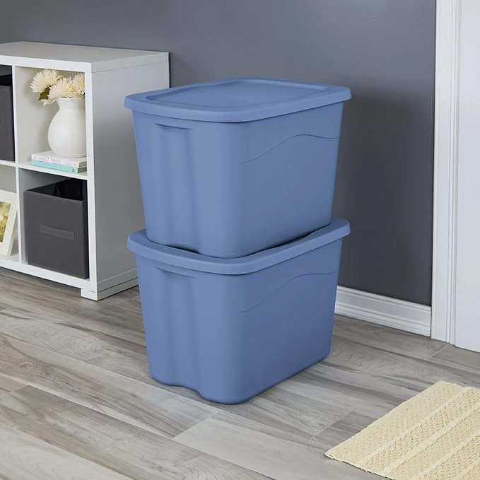 18 Gallon Tote Plastic Storage Bin with Snap Stackable Bin with Latch Lid Plastic Container to Organize Home Garage CampingGarage Basement Blue Base and Lid Blue 8 Count
