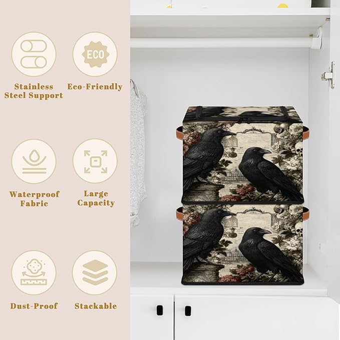 Halloween Skull Storage Bins with Lids Raven Flower Collapsible Cube Storage Basket with Leather Handle Foldable Storage Box with Lids for Organizing Home Closet