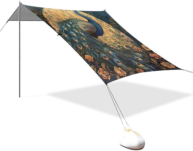 ALAZA Peacock on Moon Beach Tent Sun Shelter Portable Canopy Sunshade for Outdoor Camping Picnics Backyard Fun 10x9 ft