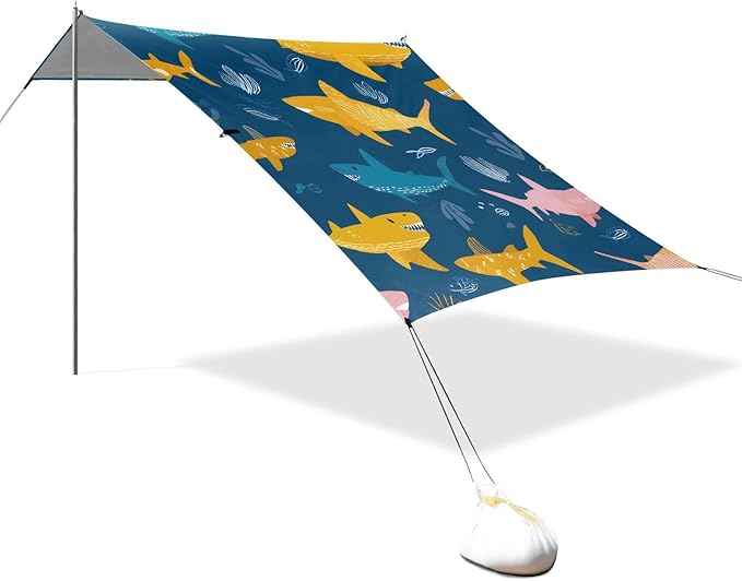 ALAZA Shark Patter Beach Tent Sun Shelter Portable Canopy Sunshade for Outdoor Camping Picnics Backyard Fun 10x9 ft