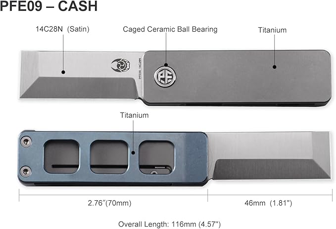Petrified fish PFE09 Cash Folding Knife1.81 14C28N Satin Blade 1.69oz Titanium Handle Front Flipper Pocket knife for EDC (Black)