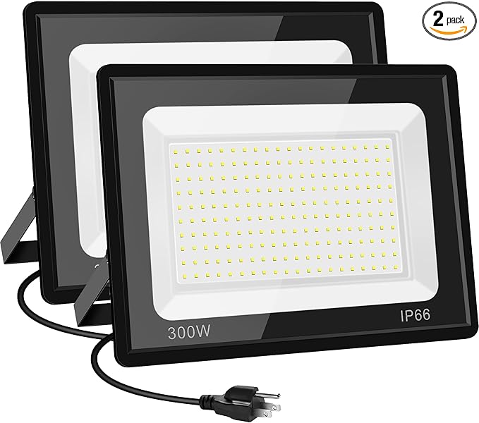 2 Pack 300W LED Flood Light Outdoor2000W Equivalent 36000LM 6000K Daylight White Super Bright FloodLight with PlugIP66 Waterproof Commercial Lighting for Sports FieldsCountsArenaStadium