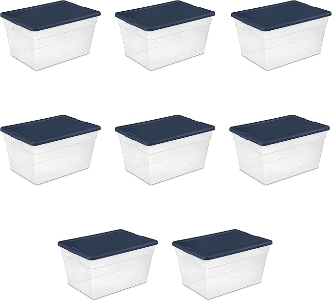 Sterilite Storage Box Clear Plastic Stackable Bin Tote with Lid 56 Quart Marine Blue