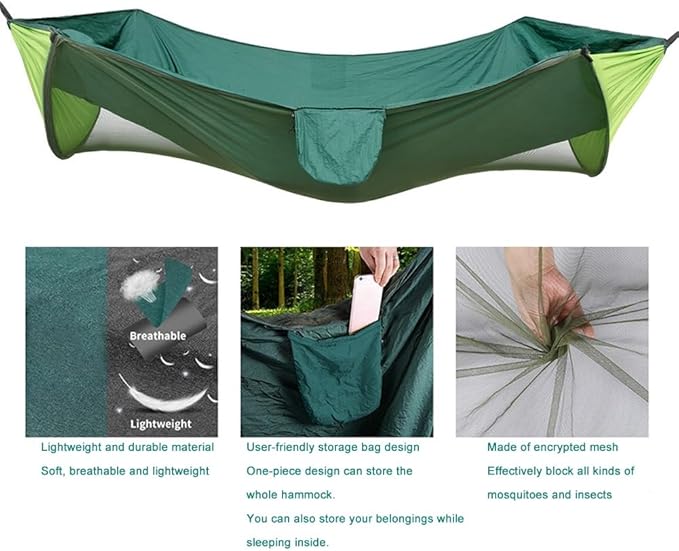 Wild Campingportable Hammock Standmade of Nylon Quick Opening 2-in-1 Automatic Mosquito Hammock User-friendly Storage Bag Design Suitable for Camping Beach and Other Scenes(Blue)