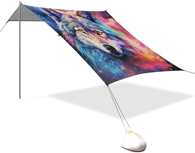 ALAZA Wolf Colorful Sky Space Galaxy Wolf Beach Tent Sun Shelter Portable Canopy Sunshade for Outdoor Camping Picnics Backyard Fun 10x9 ft
