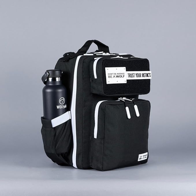 WOLFpak 15L Slim Tactical Gym Backpack - Durable 1000D Waterproof Oxford Material | Minimalist Daypack w/Laptop Pocket &amp Dual Cup Holders | Great for Travel &amp EDC | (Alpha Black White Accents)