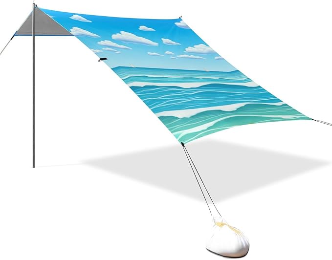 Beach Canopy with Windproof Ropes &amp Sandbags Beach Tent Sun Shade Sun Shelter for Camping Trips Fishing Backyard Fun or Picnics Waves