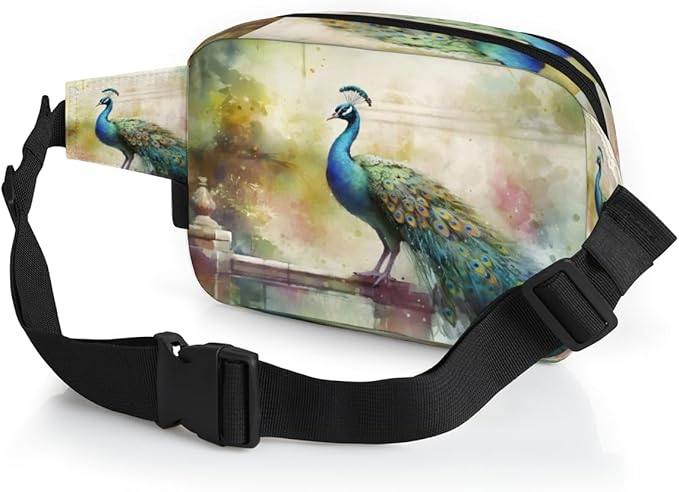Elegant Watercolor Peacock Waterproof Fanny Pack for Women Men Adjustable Waist Bag with Double Zipper Pockets Lightweight Square Hip Pack for Running Travel Hiking Workout Cycling