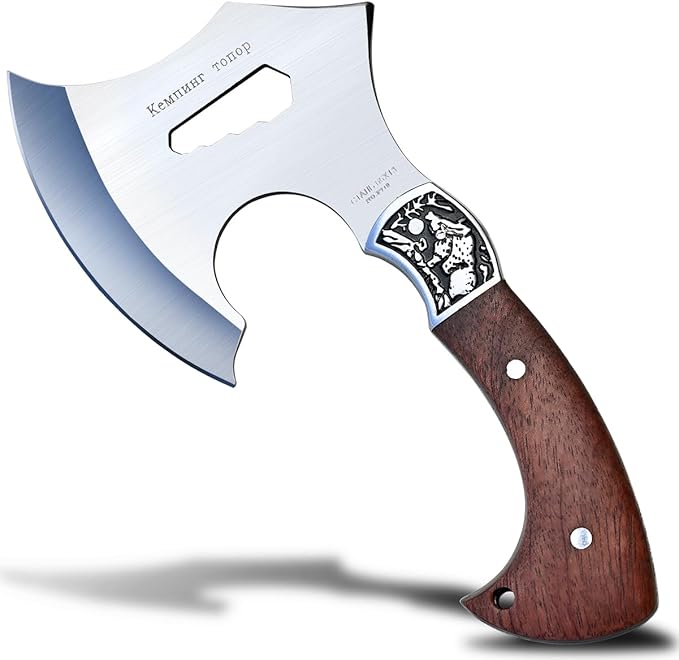 Camping Hatchet Overall 8.5in w/4in Blade Compact Camp Axe Stainless Steel Blade and Comfortable Wooden Grip Outdoor Hunting Survival Hiking Tactical Axe Tomahawk Sheath Included
