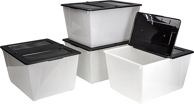 Storex 16 Gallon (60L) Storage Tote with Folding Lid 22.7 x 18.25 x 12.86 Inches Frost/Black 4-Pack (00900A04C)