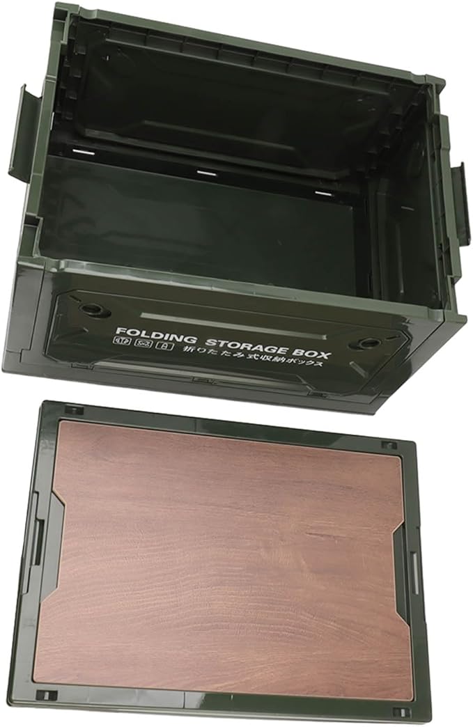 Dioche Camp KitchFolding Camping Storage Box with Wooden Lid - 50L Collapsible Container with Wheels for Easy Transport - Durable PP and MDF Material - Ideal for Camping Picnic and (OD Green)