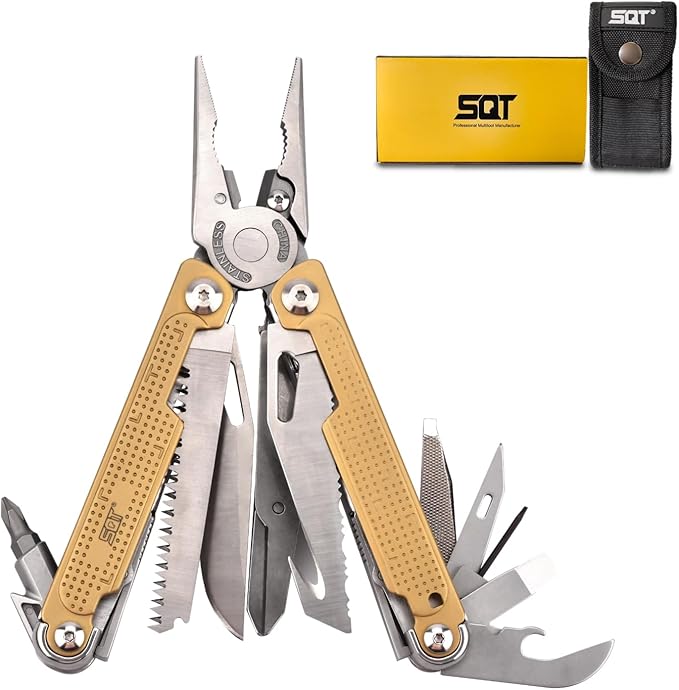 SQT2048 20-in-1 Multitool Foldable &amp Self-Locking Professional Tool for DIY Home Repairs Outdoor Camping – Must-Have Gifts for Men Compact Durable All-in-One Tool for Every Task Gold