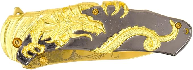 Masters Collection -Spring Assisted Open Folding Knife - Gold TiNite Coated Stainless Steel Blade w/Etched Dragon Gold and Black 2-Tone Zinc Alloy Handle w/Sculpted Dragon - MC-A045