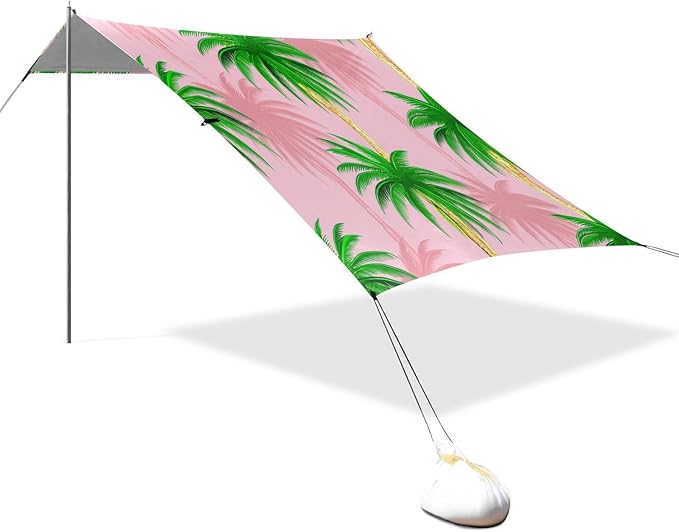 xigua Palm Tree Beach Tent Sun Shelter with Carrying Bag - Silver Coated Oxford Fabric Beach Canopy for Beach Camping Fishing - Includes Windproof Ropes Sandbags &amp Stakes