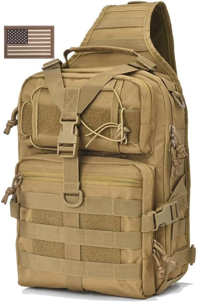 REEBOW GEAR Tactical Sling Bag Pack Military Rover Shoulder Sling Backpack EDC Molle Assault Range Bags Day Pack w/Tactical USA Flag Patch (Style 04-Tan)
