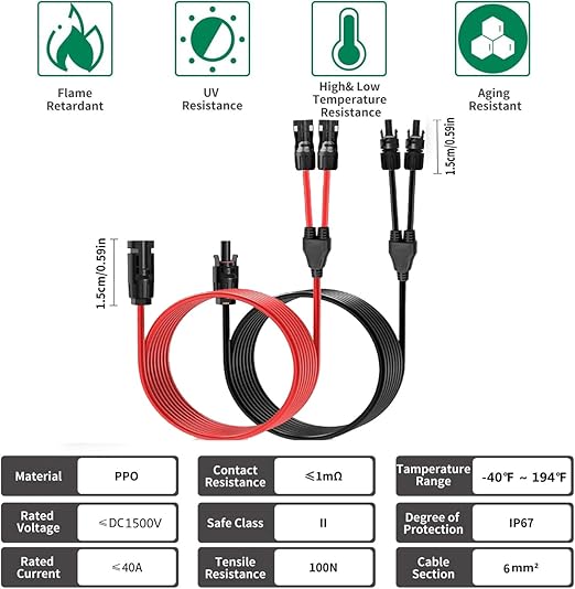 Solar Panel Extension Cable 20FT 10AWG Solar Connectors Y Branch Parallel Adapter Cable 6mm² Wire for 2 Solar Panels Solar Panel PV Wire for RV Home Boat (20FT Red+20FT Black) (10AWG 20FT)
