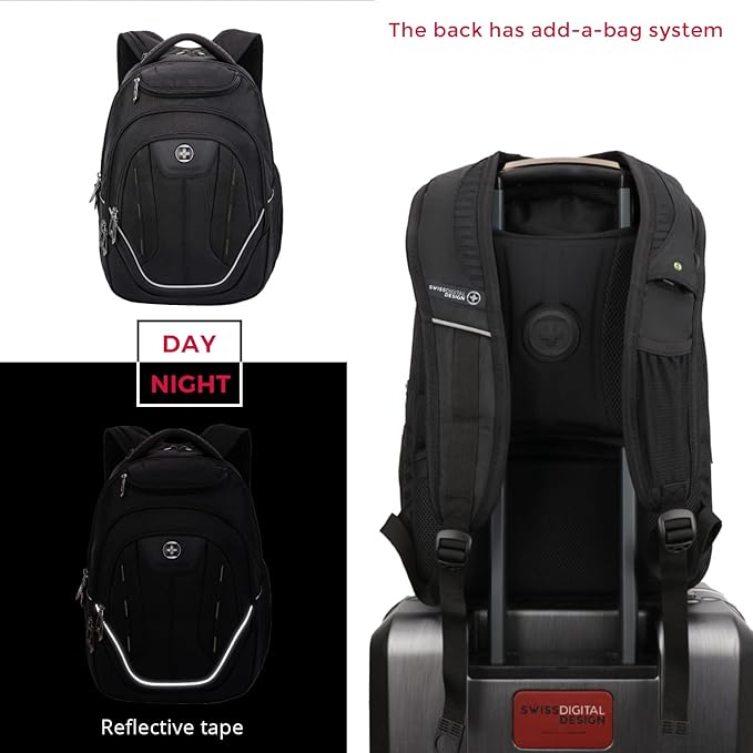 Swissdigital Design Large Travel Backpack For Men TSA-Friendly Business Laptop Backpack USB Charging PortRFID Protection Tech Backpack Fits 15.6Inch Laptop Black/Green | J16BTF-21